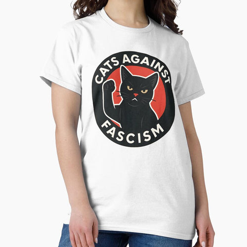 "Cats Against Fascism" Black Sticker with White Text & Red Circle – Bold Protest Cat Design by WAUZ