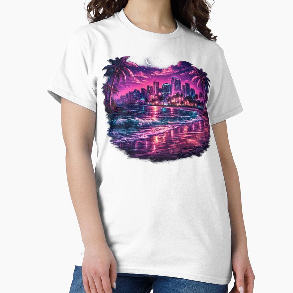 Neon Miami Nights Retro Synthwave Beach Cityscape by EmesWorks