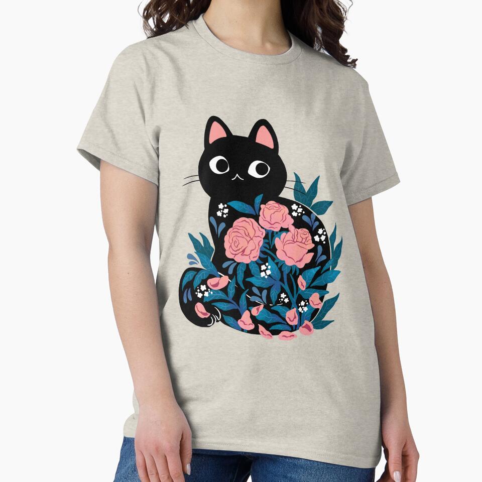 Black cat in Prink Roses by michelledraws