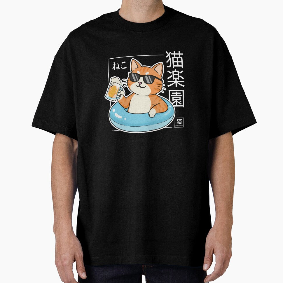 Cat Paradise 猫楽園 | Pool Float Cat Shirt | Japanese Summer Cat Design WHITE by Cats&Kanji