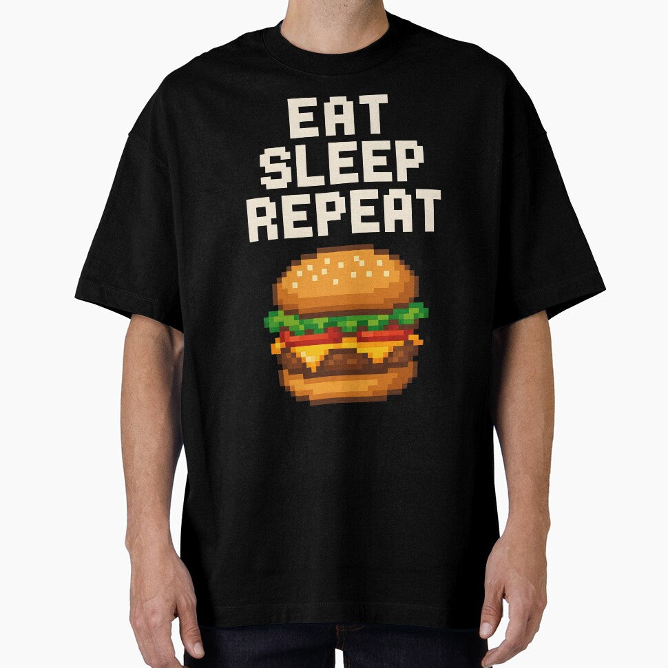 Eat Sleep Repeat Pixel Burger Gamer Food Shirt. by The-T-In-Retro
