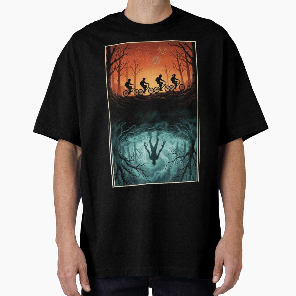 Retro Sci-Fi Forest Scene Kids on Bikes & Shadow Monster Reflection by RosetteArtists