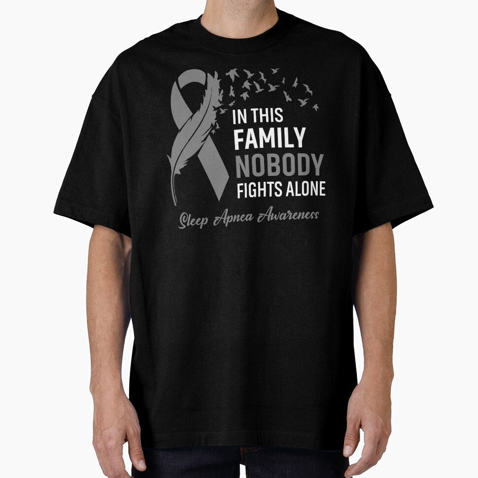 In This Family Nobody Fights Alone Sleep Apnea Awareness Feather Ribbon by frechettee