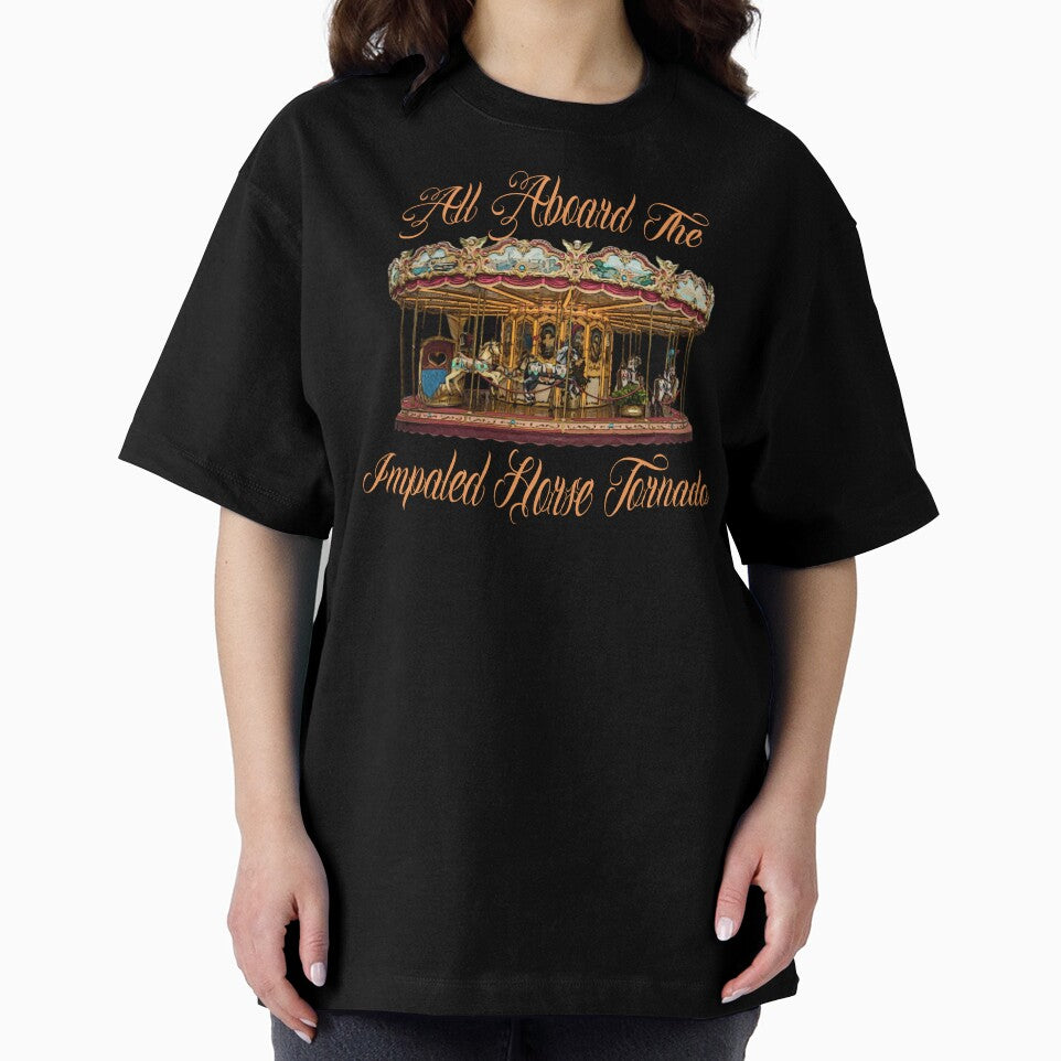 All Aboard The Impaled Horse Tornado Carousel Dark Humor Logo by IronicBGear