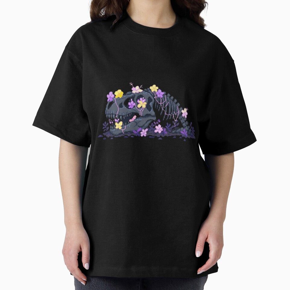 Pixel Dinosaur Skeleton with Blue Flowers | Floral Retro Pixel Art by PunkVerseStudio