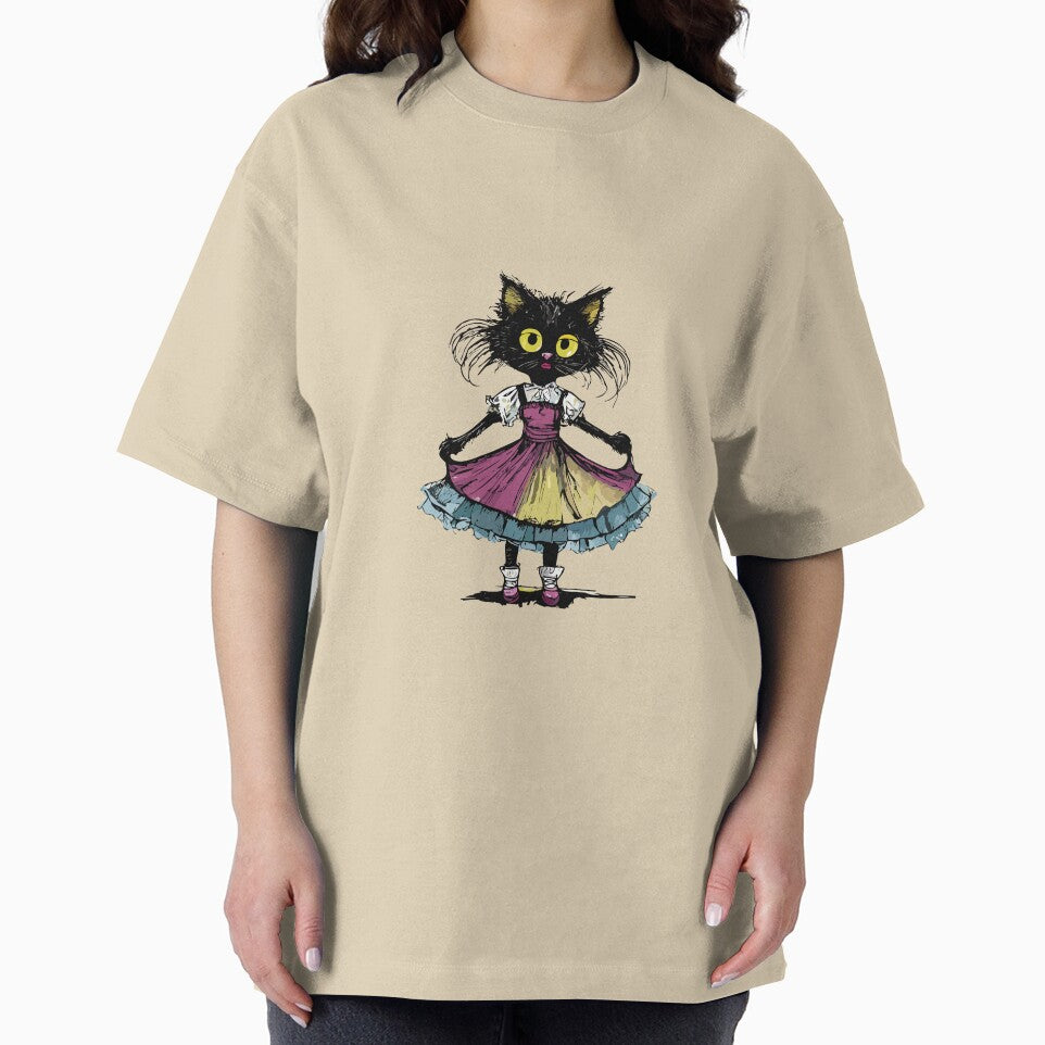 small black cat grumpy with thin legs in a dress by Firas Aljazzar