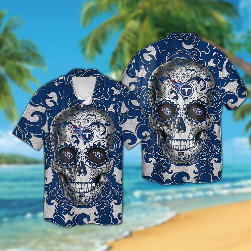 Tennessee Titans Sugarskull Short Sleeve Button Up Tropical Hawaiian Shirt