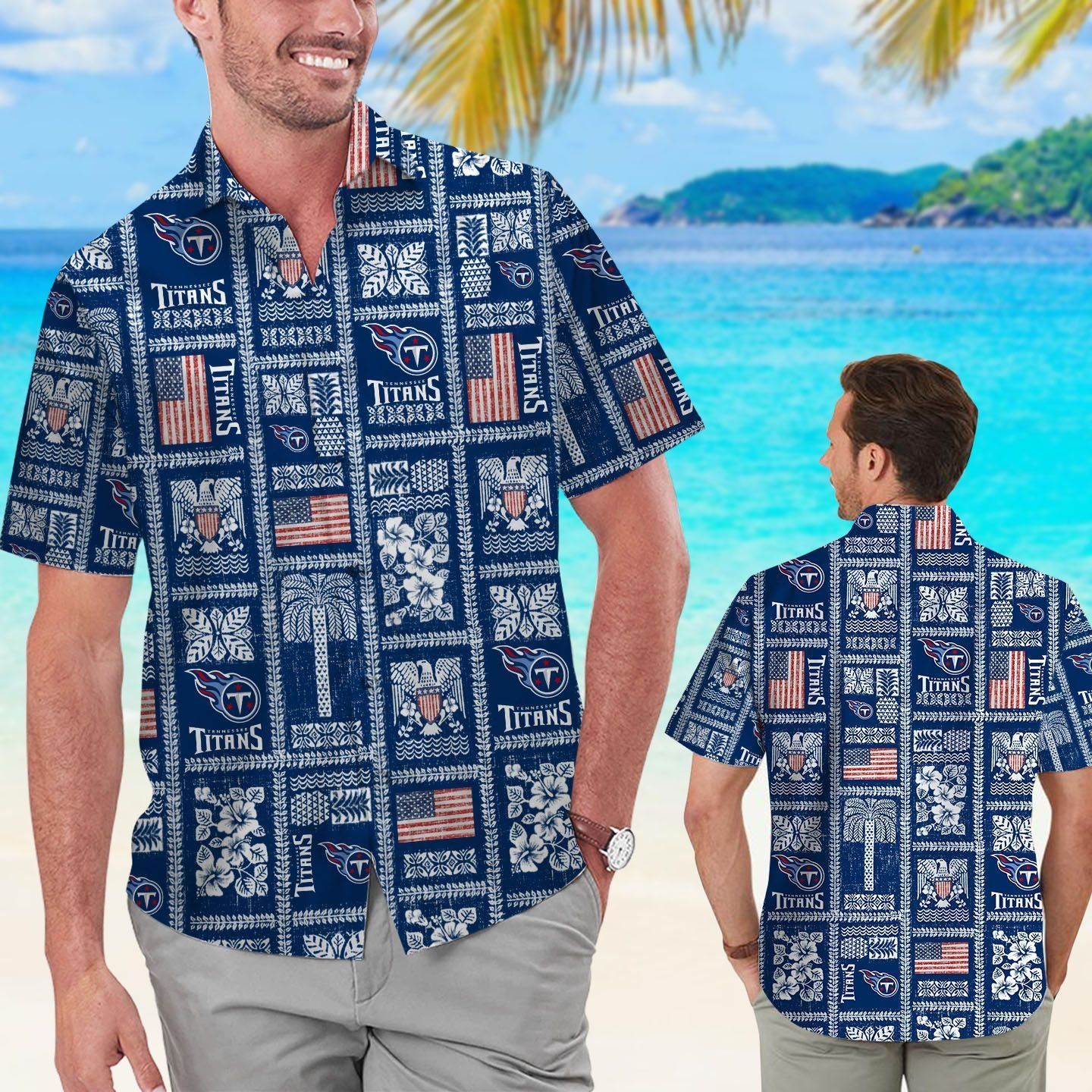 Tennessee Titans Summer Commemorative Short Sleeve Button Up Tropical Hawaiian Shirt