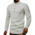 Men Dress Shirt Slim Fit Henley Neck Elegant Grey Business Office Cotton Blend