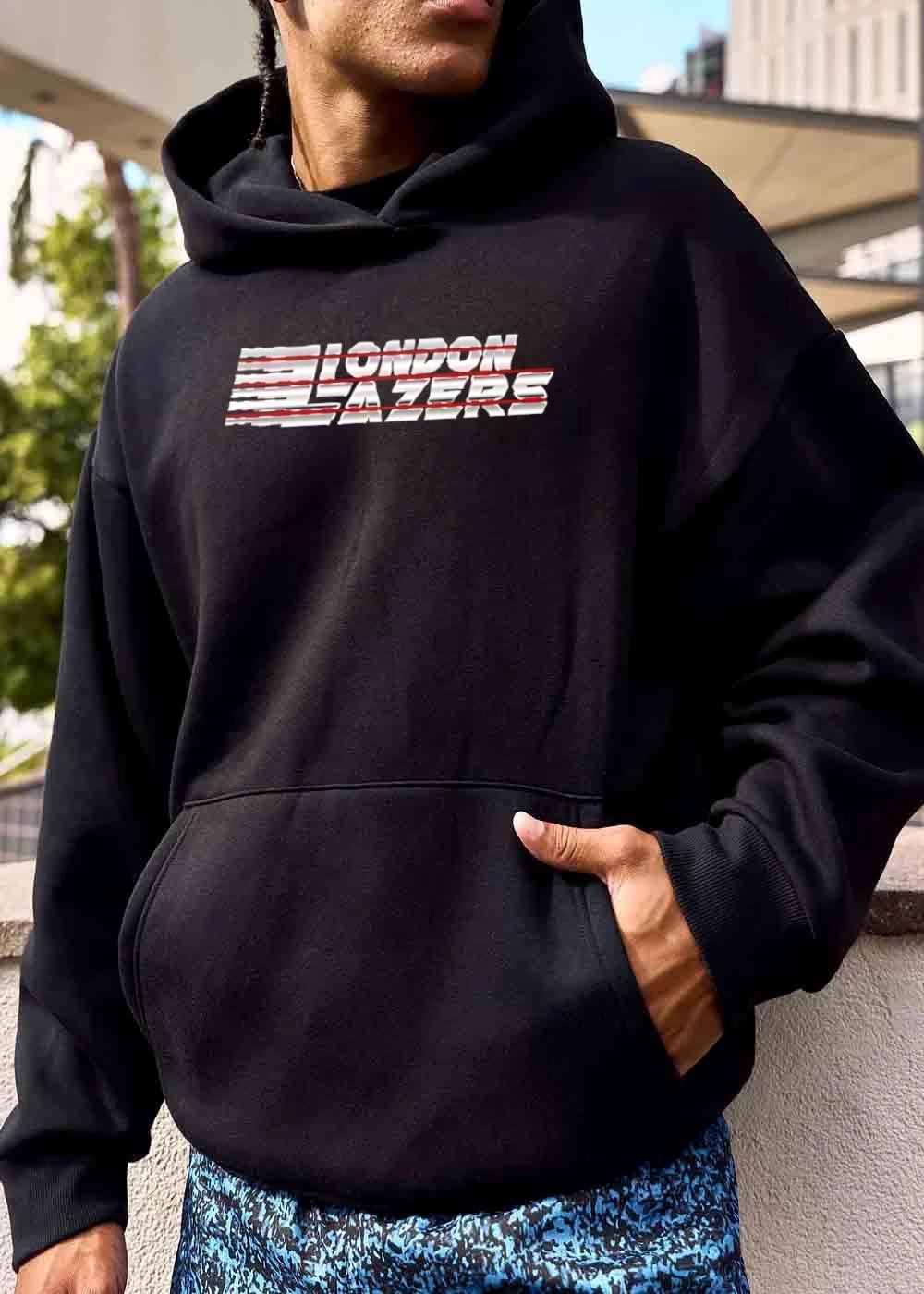 London Lazers Metallic Chrome Typography Red Horizontal Beams Speed Trails Retro shirt
