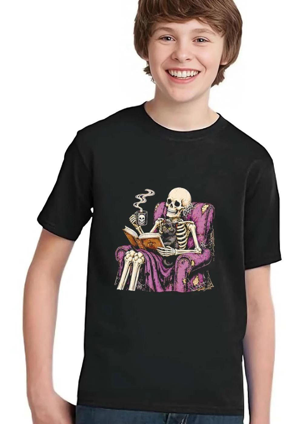 Skeleton Reading Old Book Purple Armchair Black Cat Steaming Mug shirt