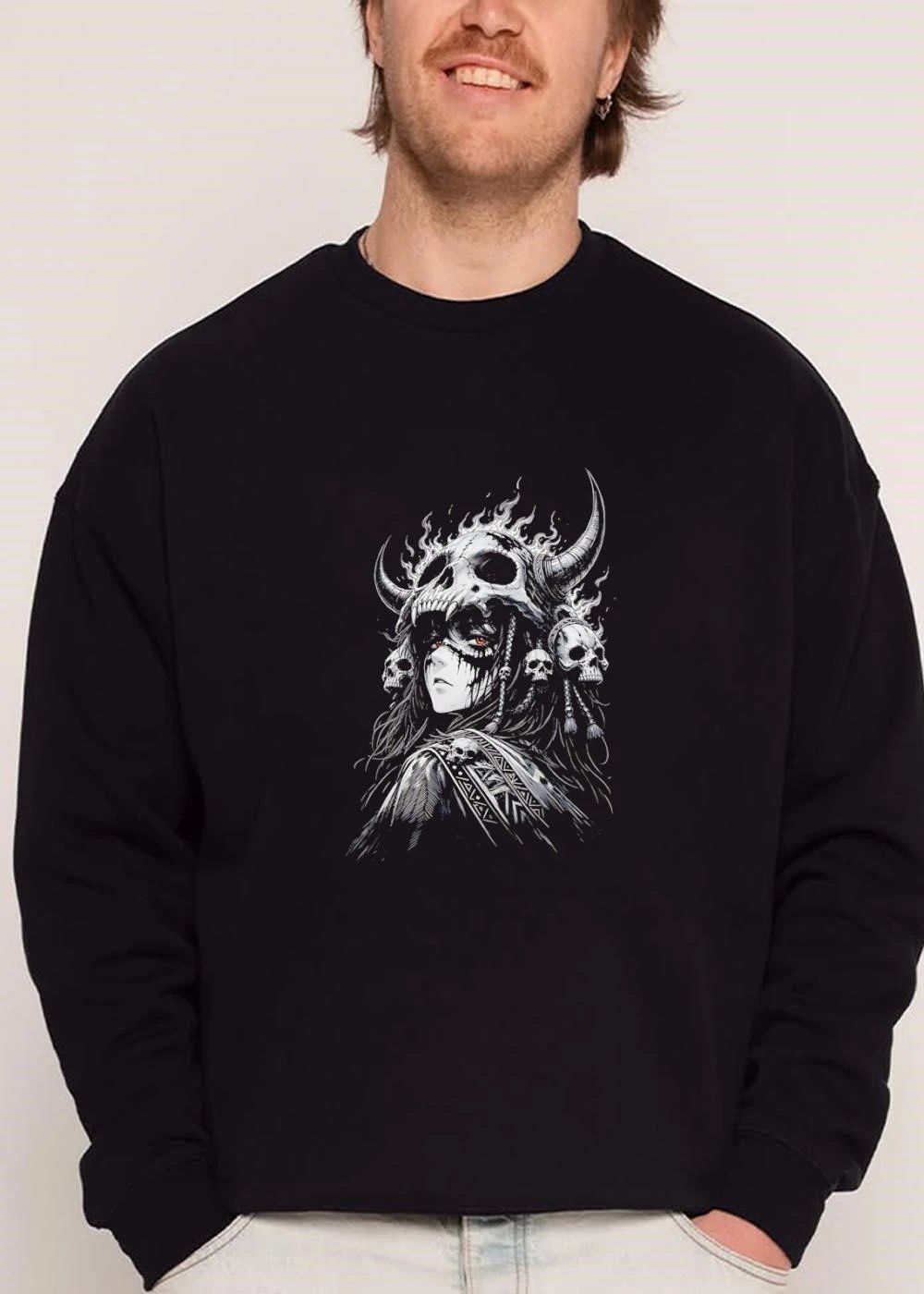 Dark Fantasy Shaman Horned Skull Helmet Glowing Red Eyes shirt