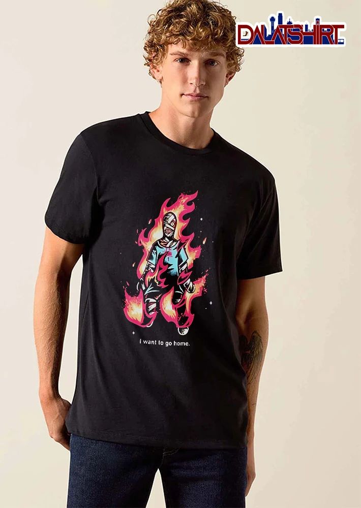 I Want To Go Home Bandaged Figure Engulfed Pink Flames Cartoon shirt