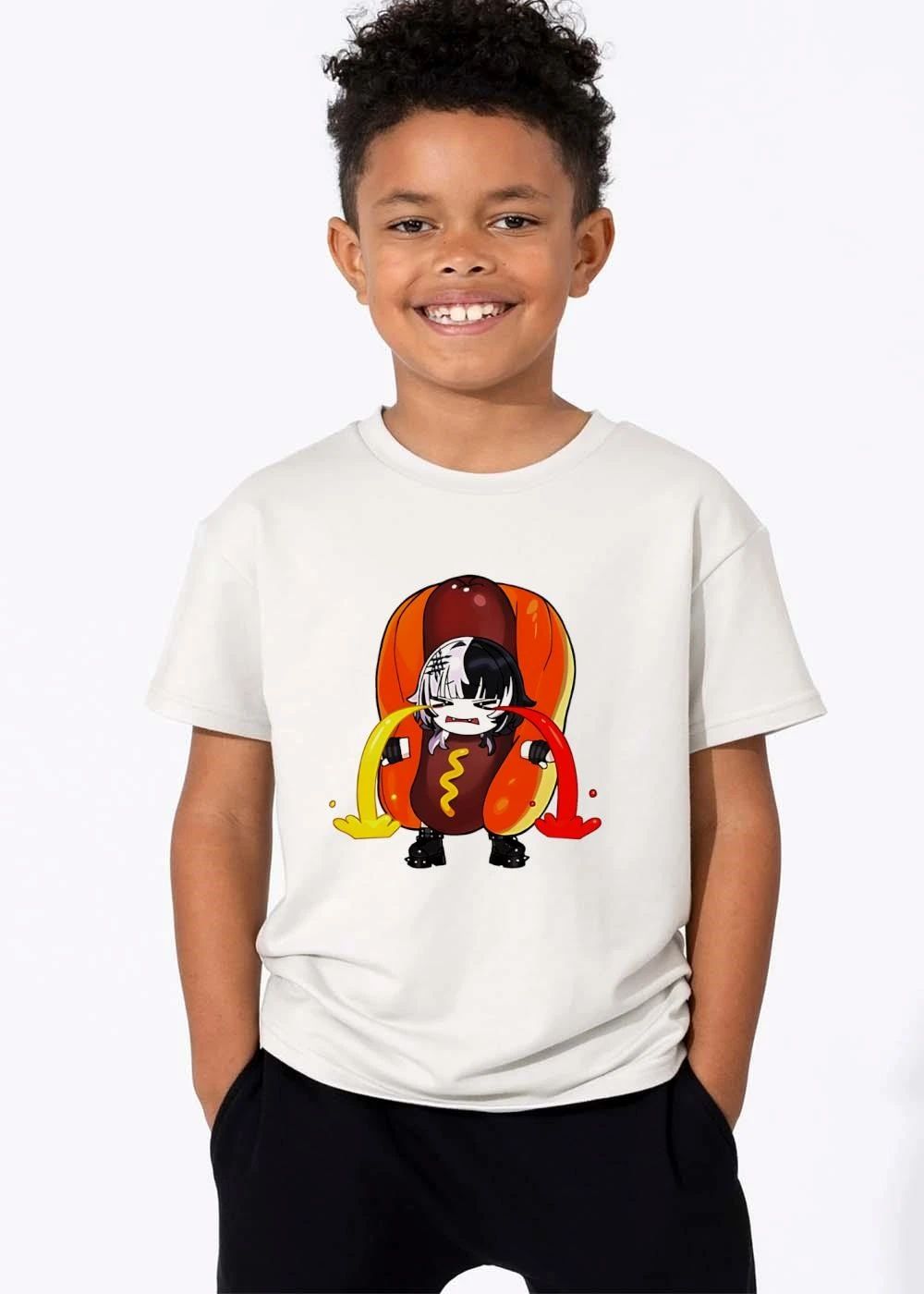 Chibi Anime Girl Hotdog Costume Crying Ketchup Mustard Cartoon shirt