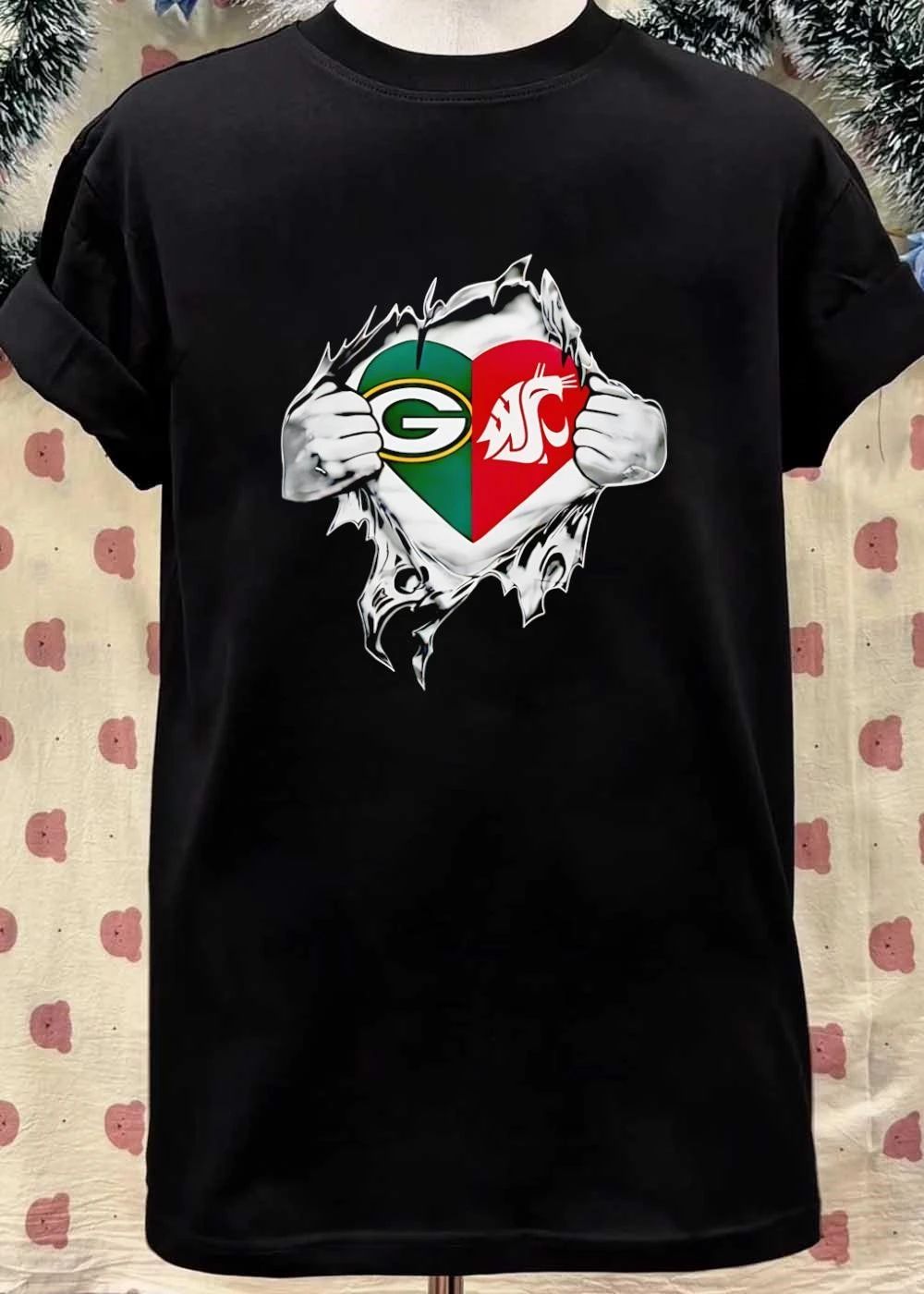 Rip Through Heart Green Bay Packers Washington State Cougars T-Shirt