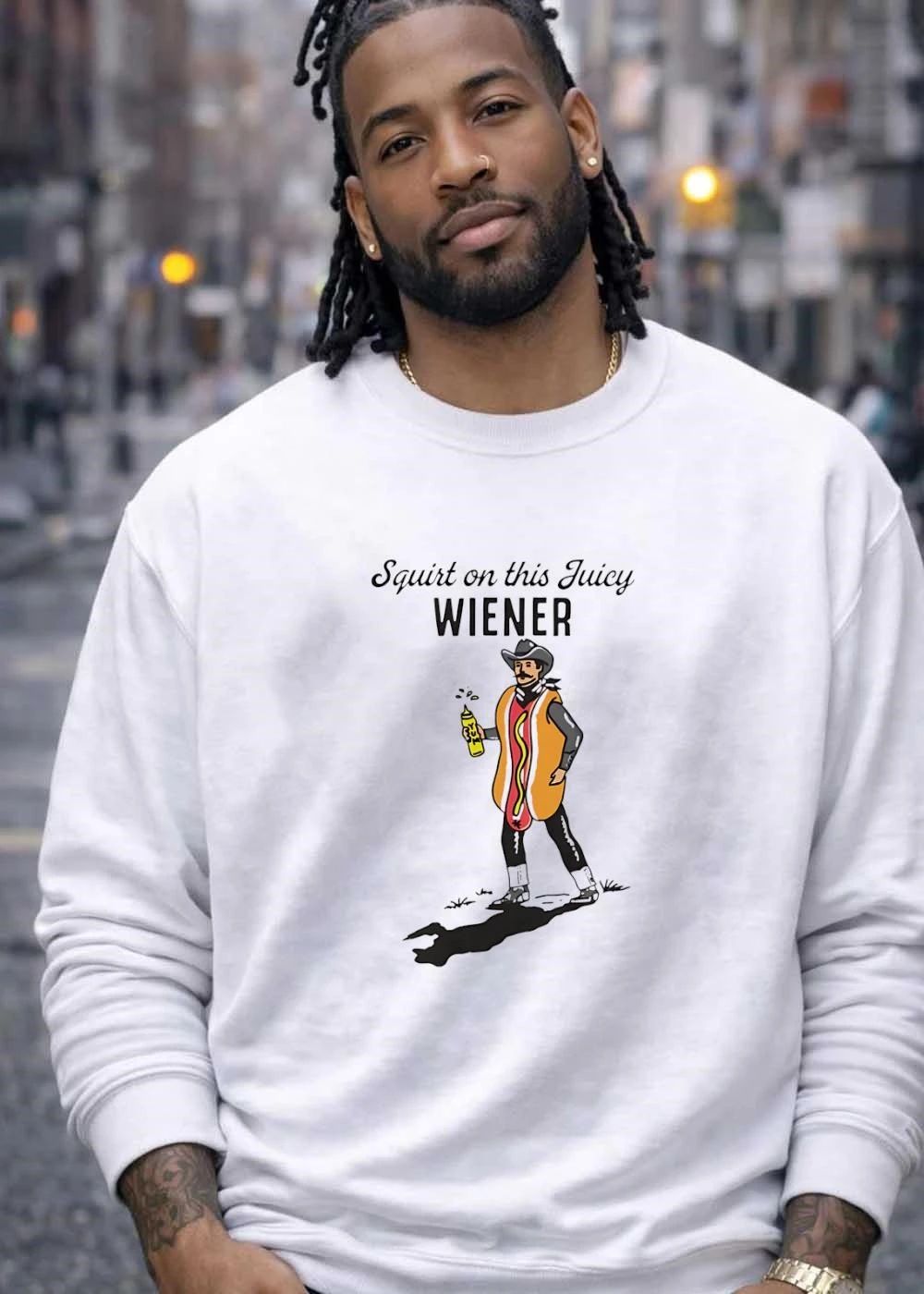 Squirt On This Juicy Wiener Cartoon Cowboy Hot Dog Costume Mustard Bottle shirt
