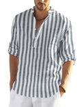 Men's Cotton Hemp Long Sleeve Casual Beach  Henley Shirt  (Grey Blue Stripe,L)