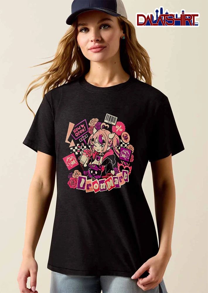 Ironmart Now Open Sayton Anime Horned Girl Drinking Boba Sticker Collage Roses shirt