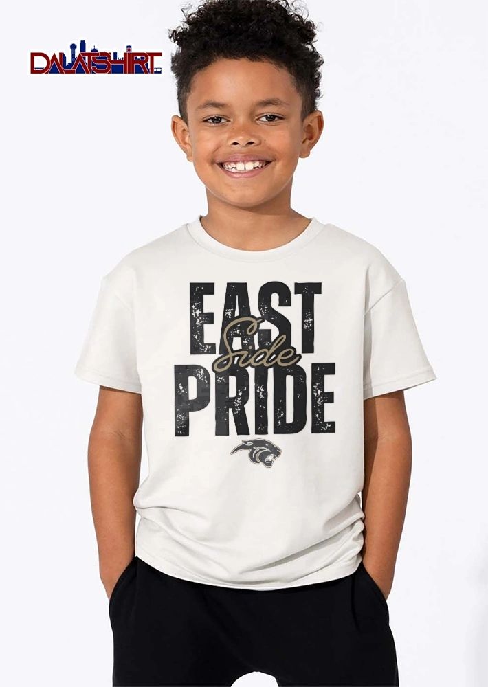 East Side Pride Panther Head Profile Distressed Block Letters Script Overlay shirt