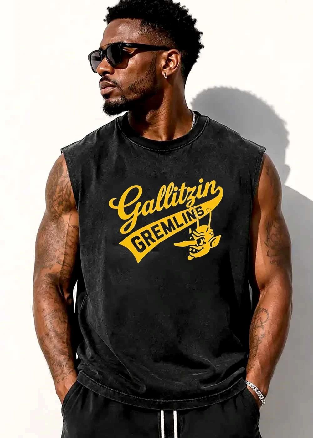 Gallitzin Gremlins Yellow Script Text Cartoon Mascot Head Profile Banner shirt