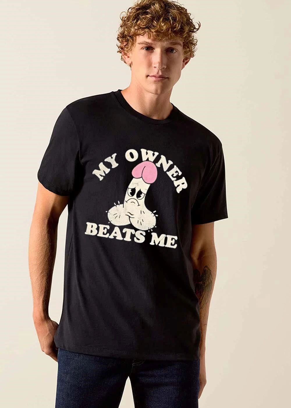 My Owner Beats Me Sad Cartoon Penis Character Halftone Distressed shirt
