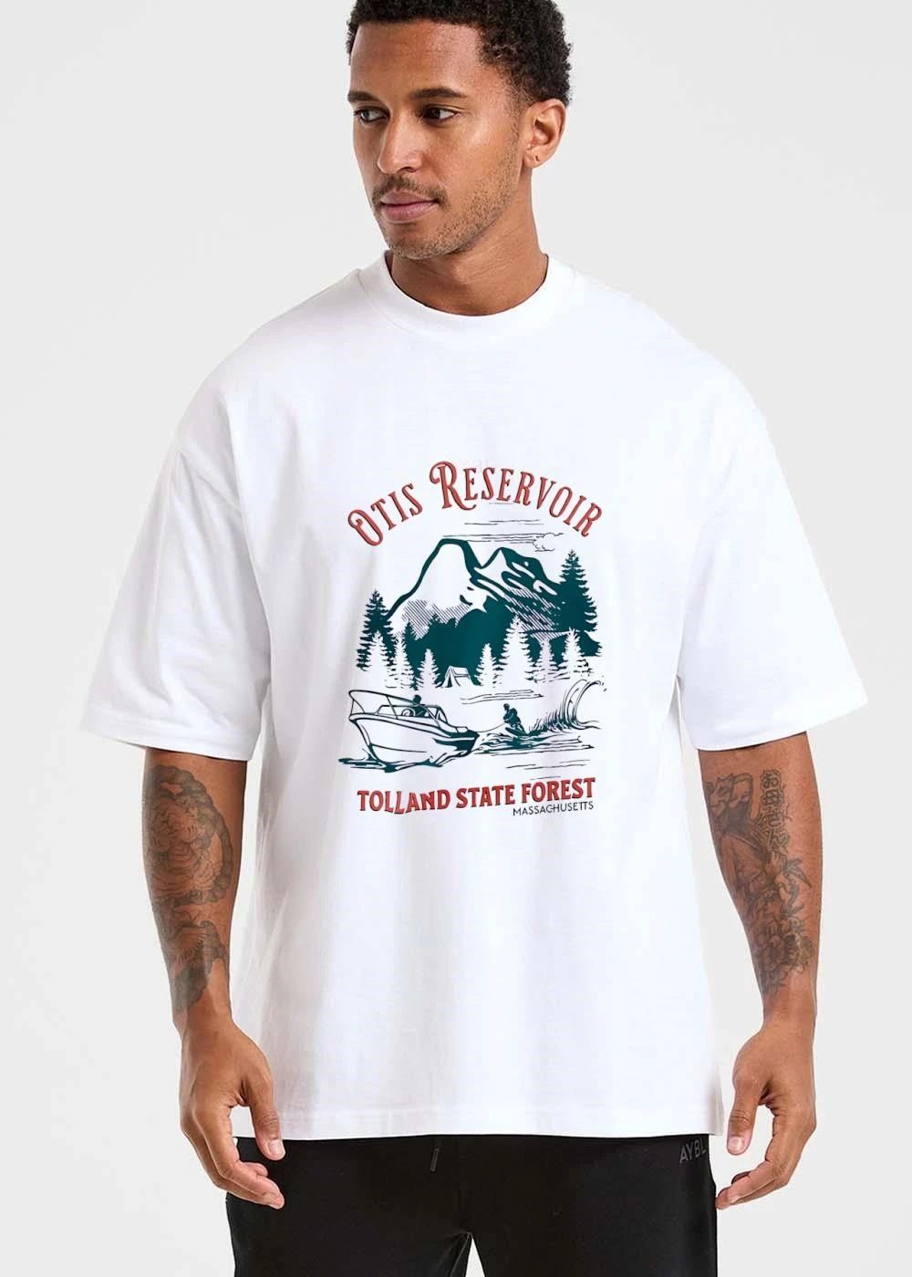 Otis Reservoir Tolland State Forest Massachusetts Mountains Tent Motorboat Waterskier Line Art shirt