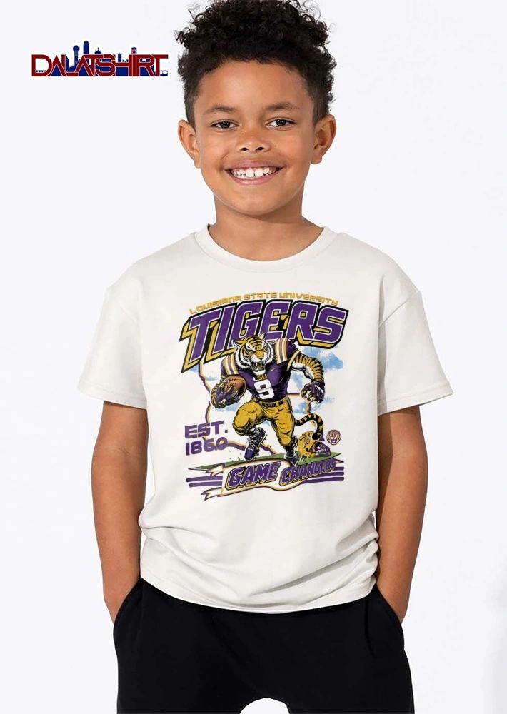 Louisiana State University Tigers NCAA Game Changers Est 1860 Football Mascot Running Map Outline shirt