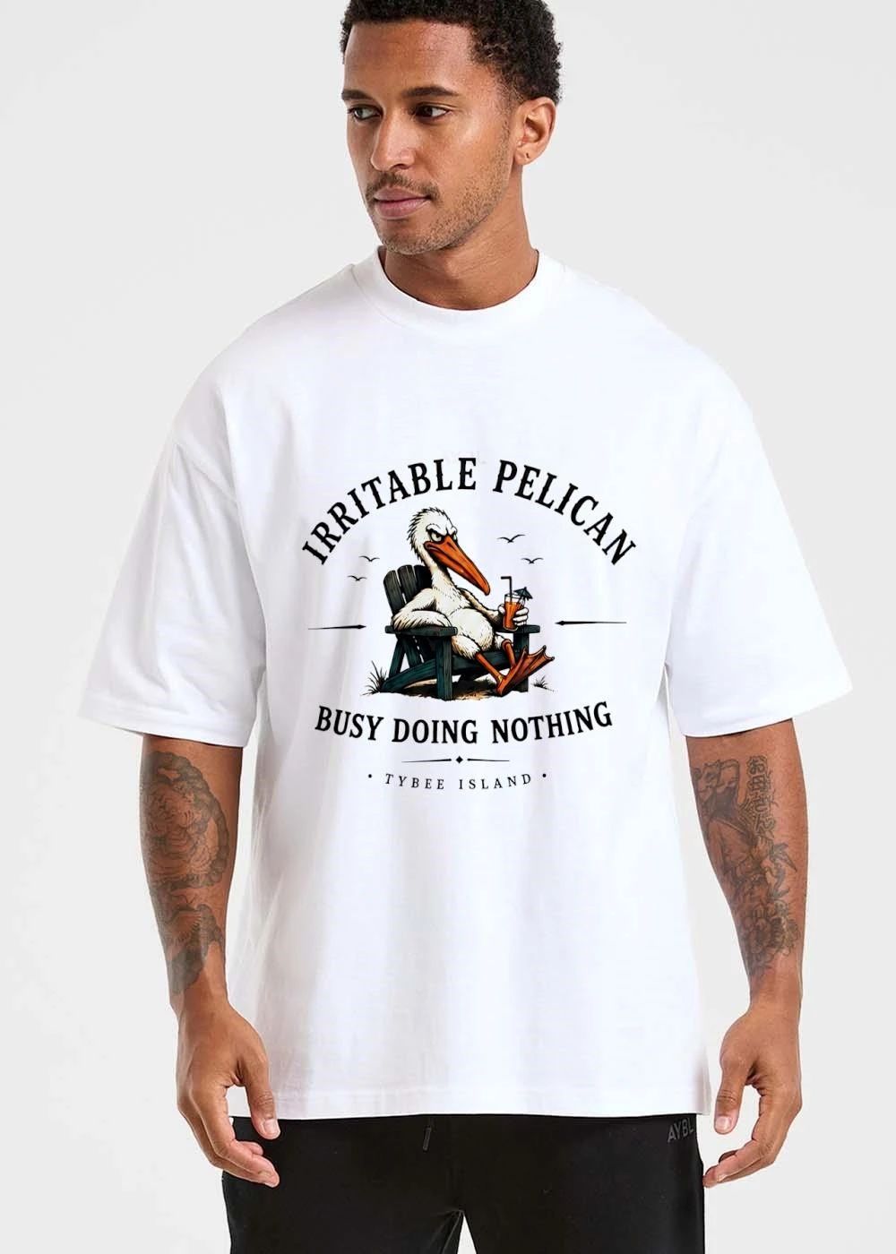 Irritable Pelican Busy Doing Nothing Tybee Island Angry Cartoon Bird Beach Chair Cocktail shirt