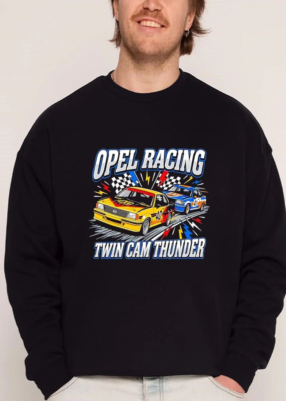 Opel Racing Twin Cam Thunder Yellow Blue Race Cars Checkered Flags Lightning shirt
