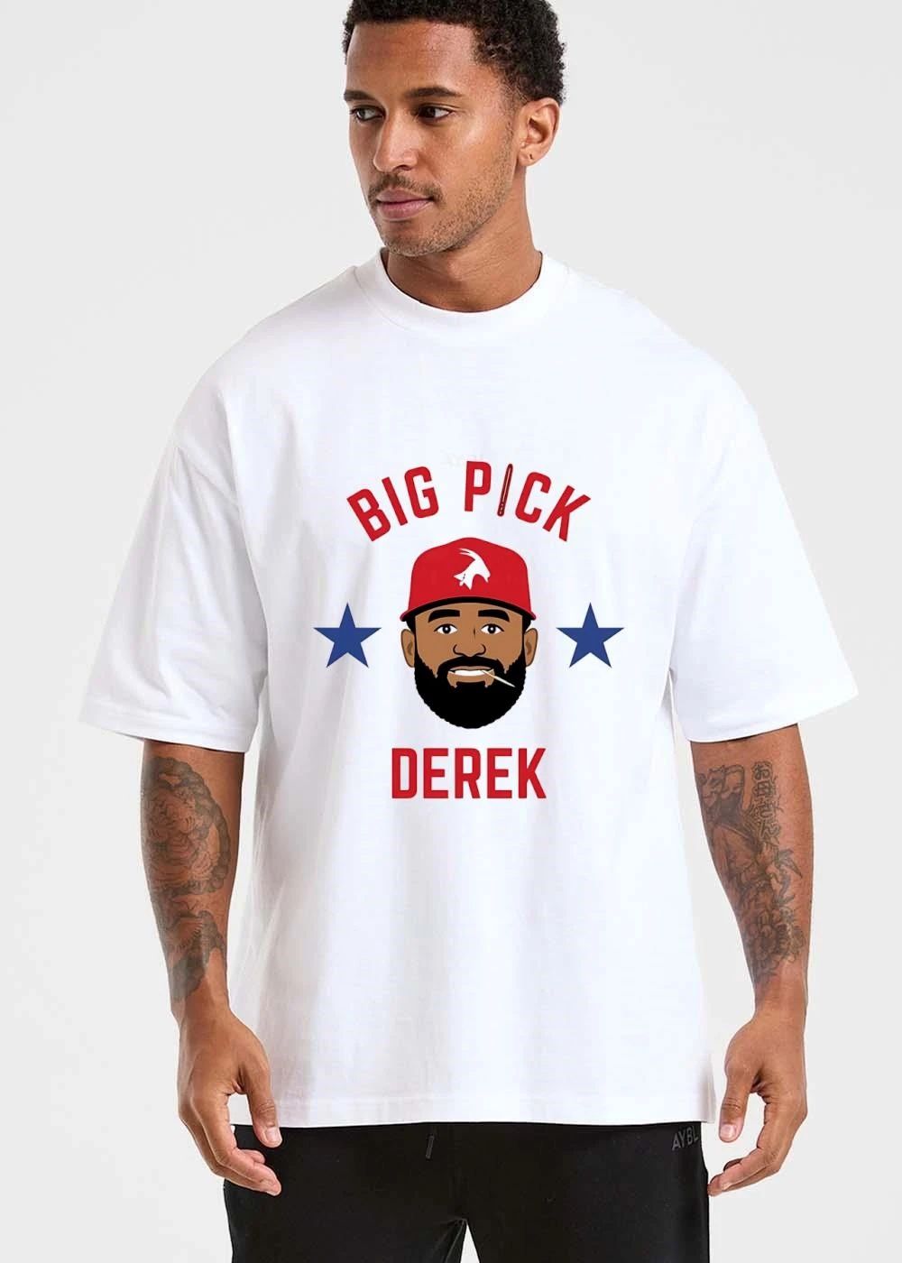 Big Pick Derek Cartoon Caricature Bearded Man Red Goat Hat Toothpick Blue Stars shirt