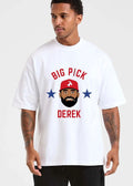 Big Pick Derek Cartoon Caricature Bearded Man Red Goat Hat Toothpick Blue Stars shirt