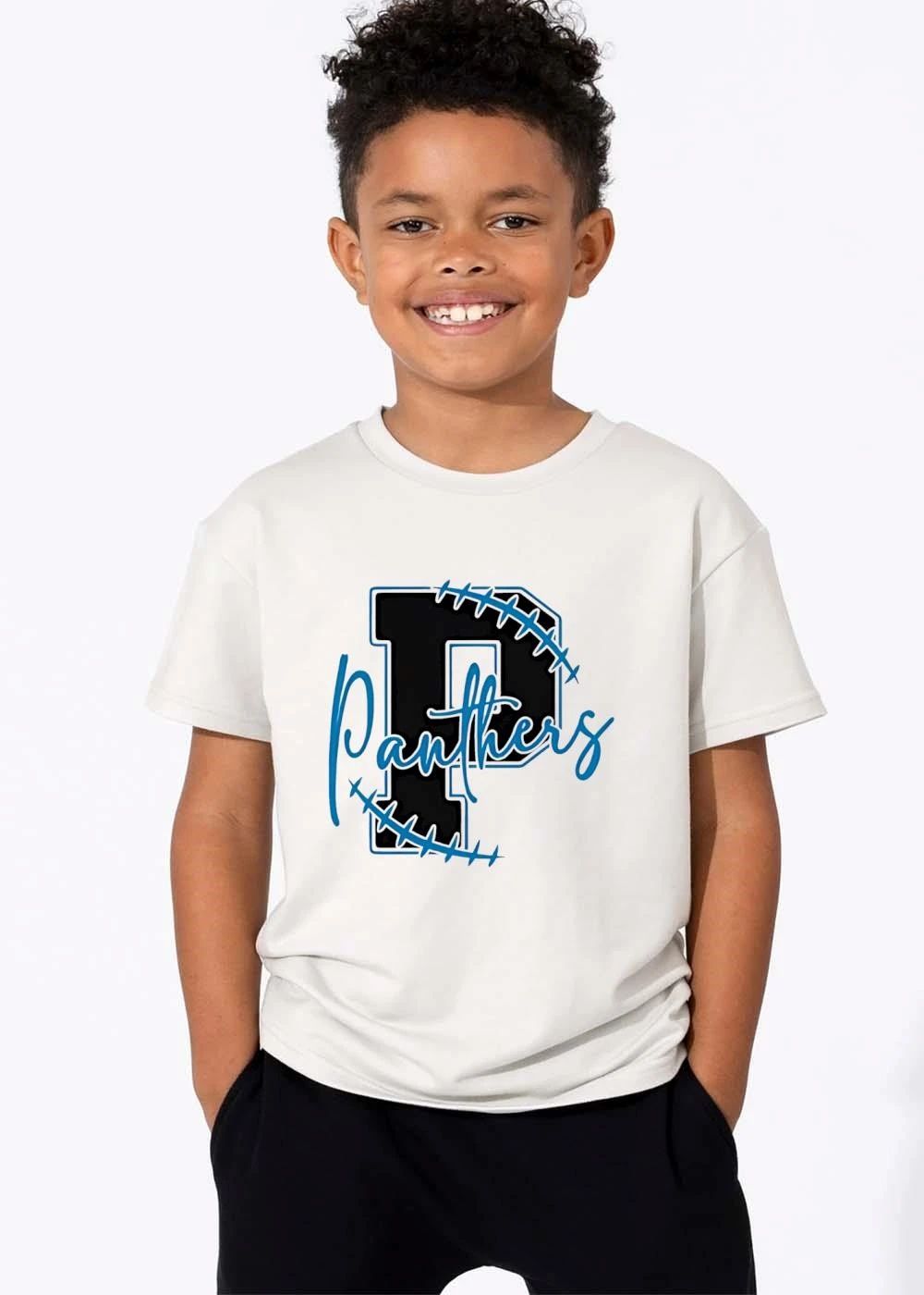 Panthers Varsity Letter P Blue Football Laces Script Text Outline shirt