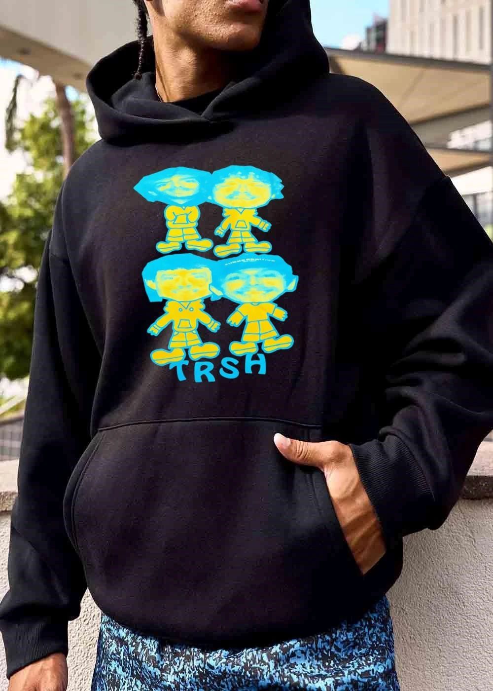 Trsh Four Stylized Cartoon Figures Yellow Cyan Caricature Heads shirt