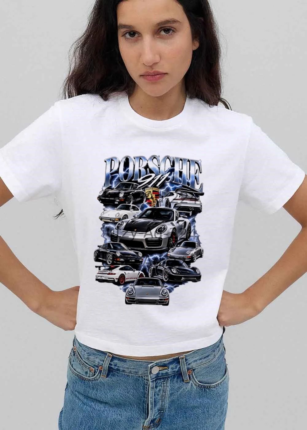 Porsche 911 Chrome Text Blue Lightning Sports Cars Collage Bootleg shirt