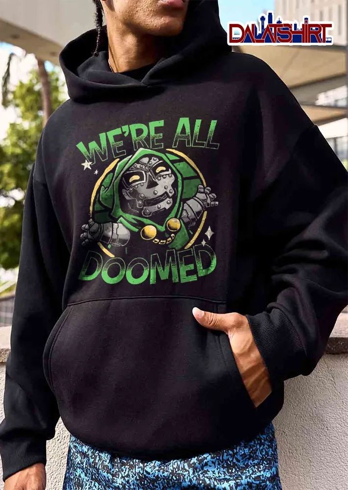 Were All Doomed Cartoon Hooded Armor Supervillain Halftone Circle shirt