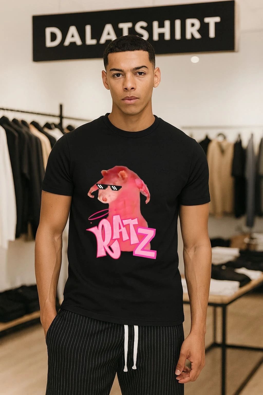 Muscular pink toned rat with pixel thug life sunglasses Bratz doll logo parody RATZ shirt