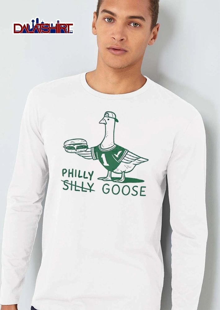 Philly Silly Goose Cartoon Line Art Mascot Wearing Jersey Backwards Cap Holding Cheesesteak shirt