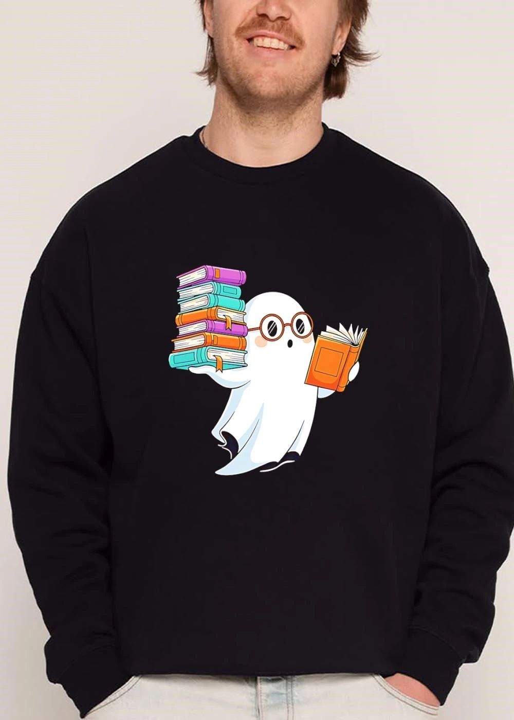 Cute Spooky Cartoon Ghost Wearing Glasses Reading Stacked Books shirt