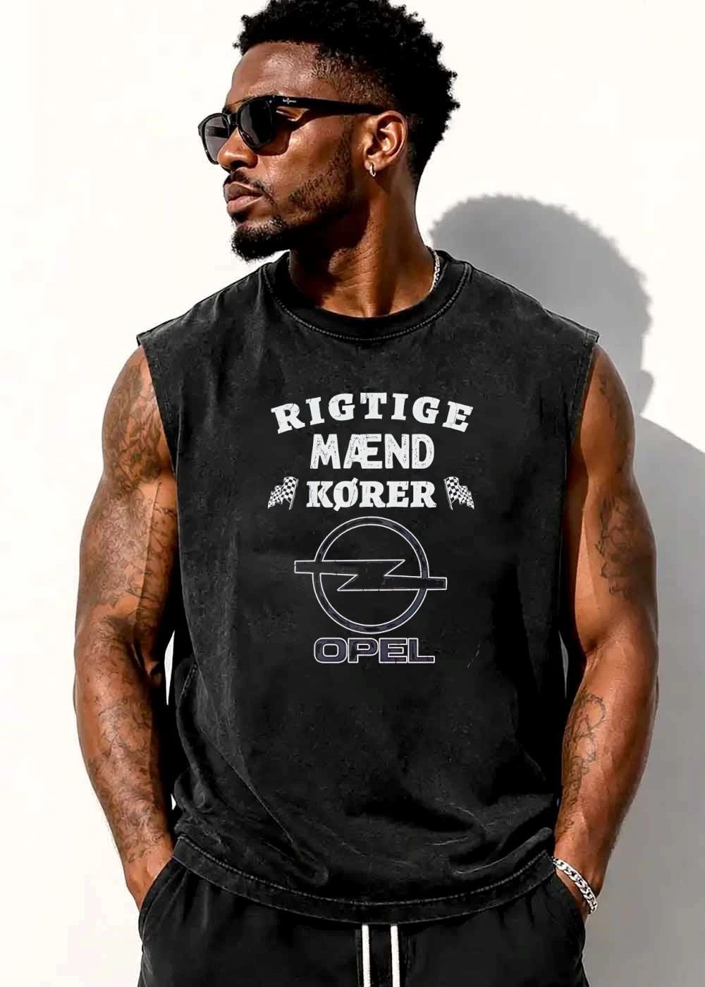Opel Rigtige Maend Korer Distressed Logo Checkered Racing Flags shirt
