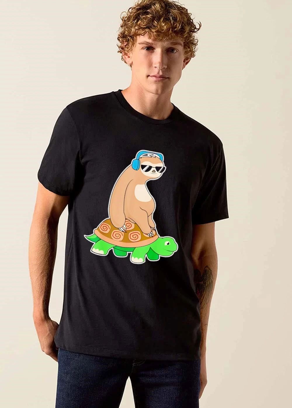 Cartoon Sloth Wearing Headphones Sunglasses Riding Green Turtle shirt