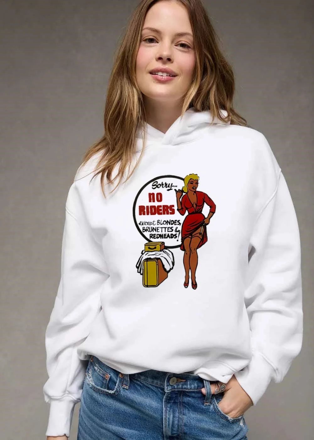 Sorry No Riders Except Blondes Brunettes And Redheads Vintage Pinup Woman Luggage Sign shirt