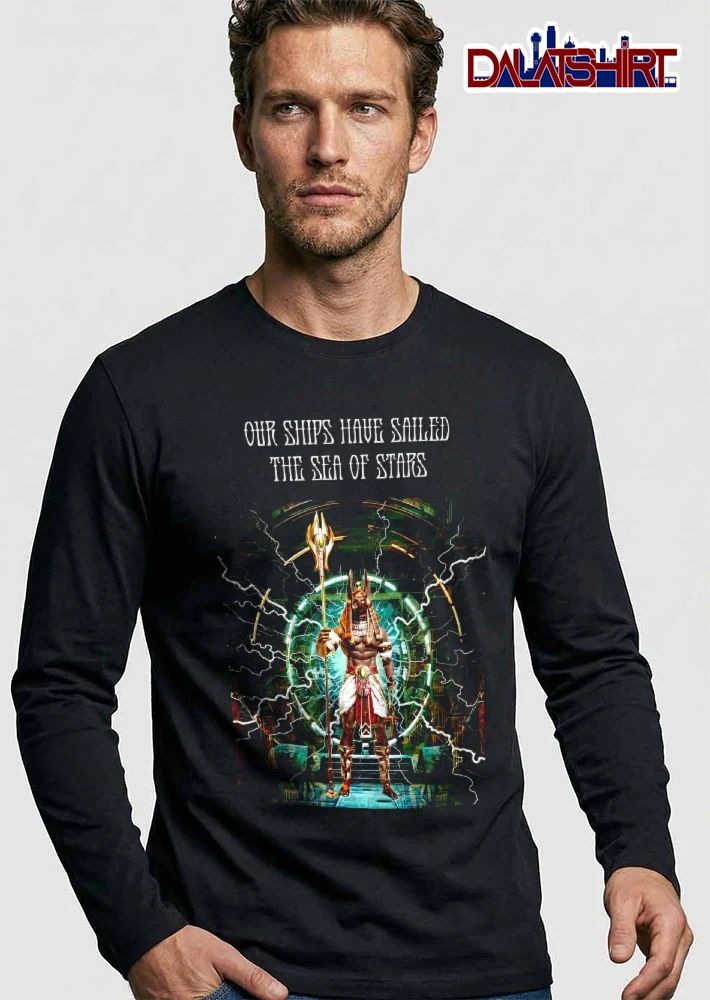 Our Ships Have Sailed The Sea Of Stars Egyptian God Anubis Staff Glowing Portal Lightning shirt