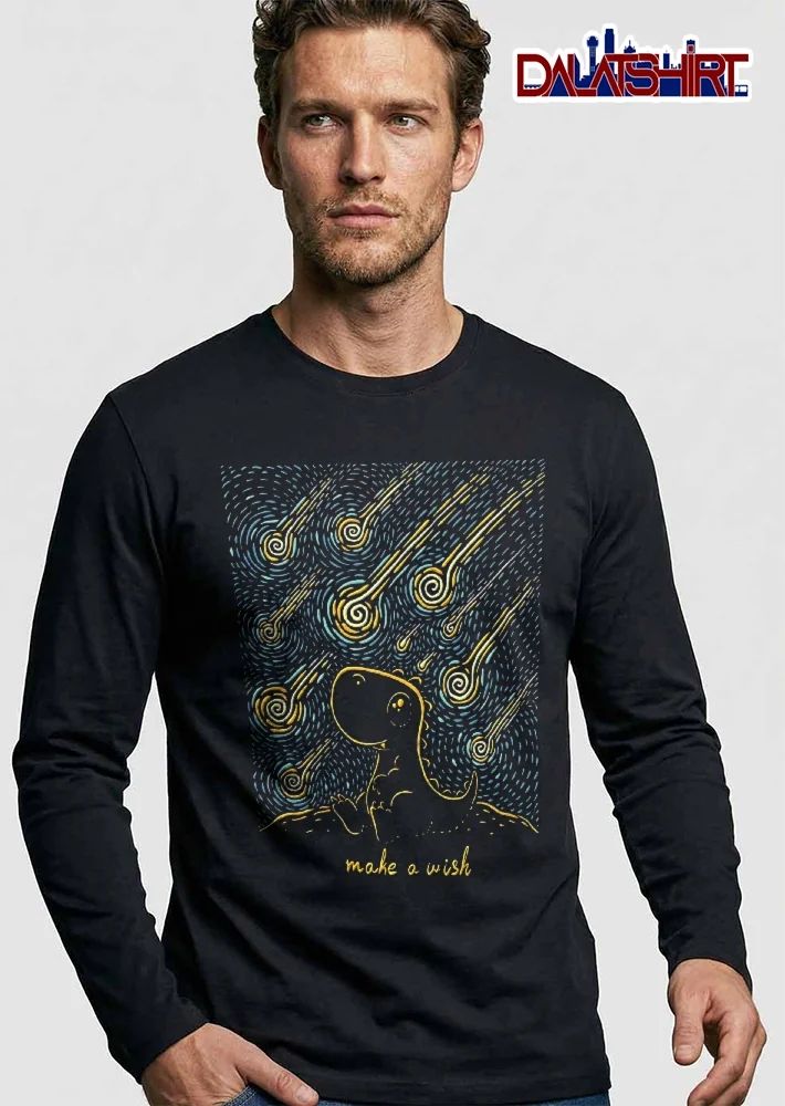 Make A Wish Cute Cartoon Dinosaur Meteor Shower Starry Night Line Art shirt
