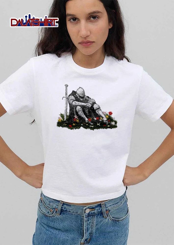 Armored Knight Sitting In Grass Flowers Beside Sword Line Art shirt