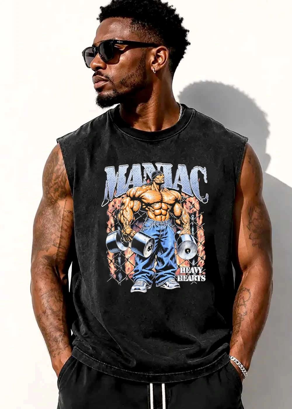 Maniac Heavy Hearts Muscular Bodybuilder Dumbbells Flames Chainlink Fence shirt