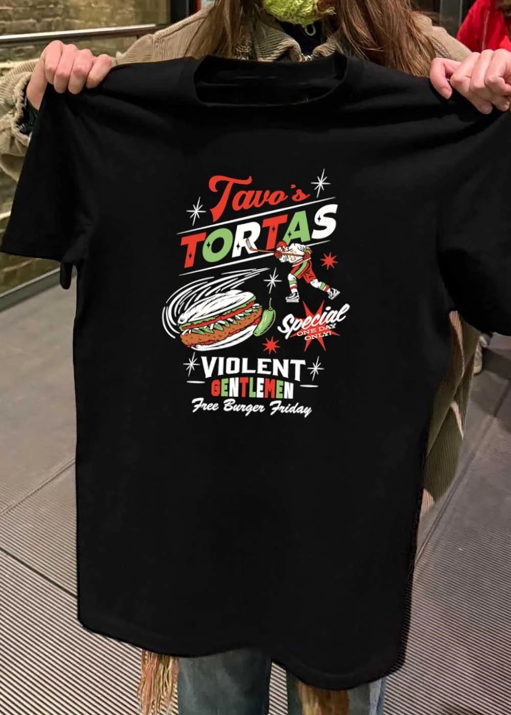 Violent Gentlemen Tavos Tortas Special One Day Only Free Burger Friday Hockey Player Flying Torta Jalapeno shirt