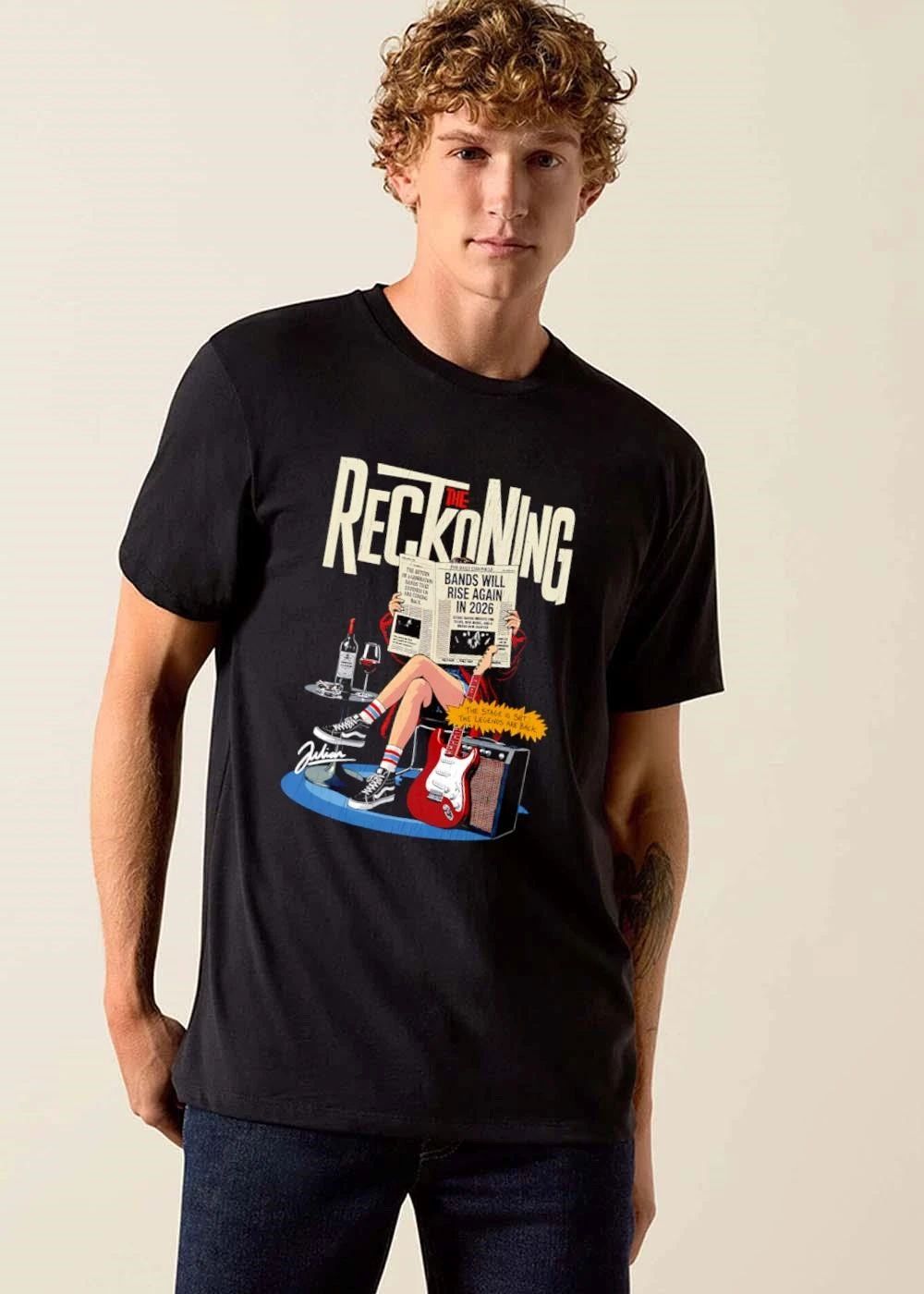 The Reckoning Bands Will Rise Again Julian 2026 Woman Reading Newspaper Red Electric Guitar Amp shirt