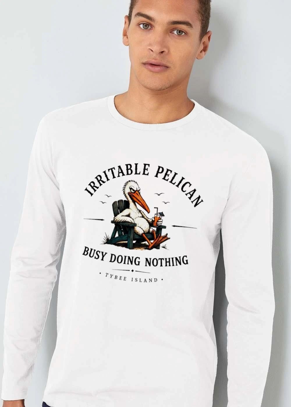 Irritable Pelican Busy Doing Nothing Tybee Island Angry Cartoon Bird Beach Chair Cocktail shirt