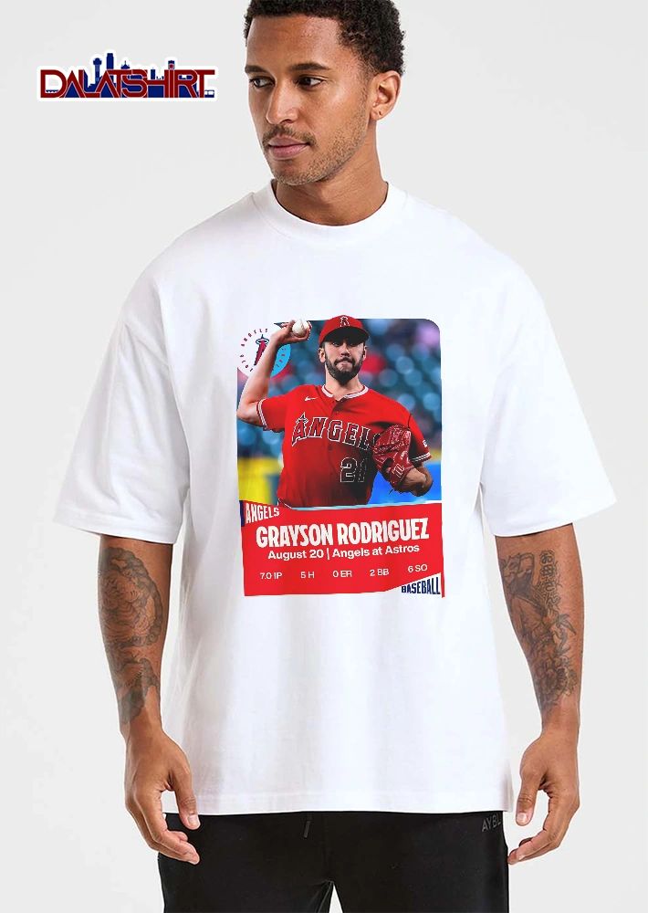 Los Angeles Angels MLB Grayson Rodriguez August 20 At Astros Pitcher Throwing Ball Trading Card shirt