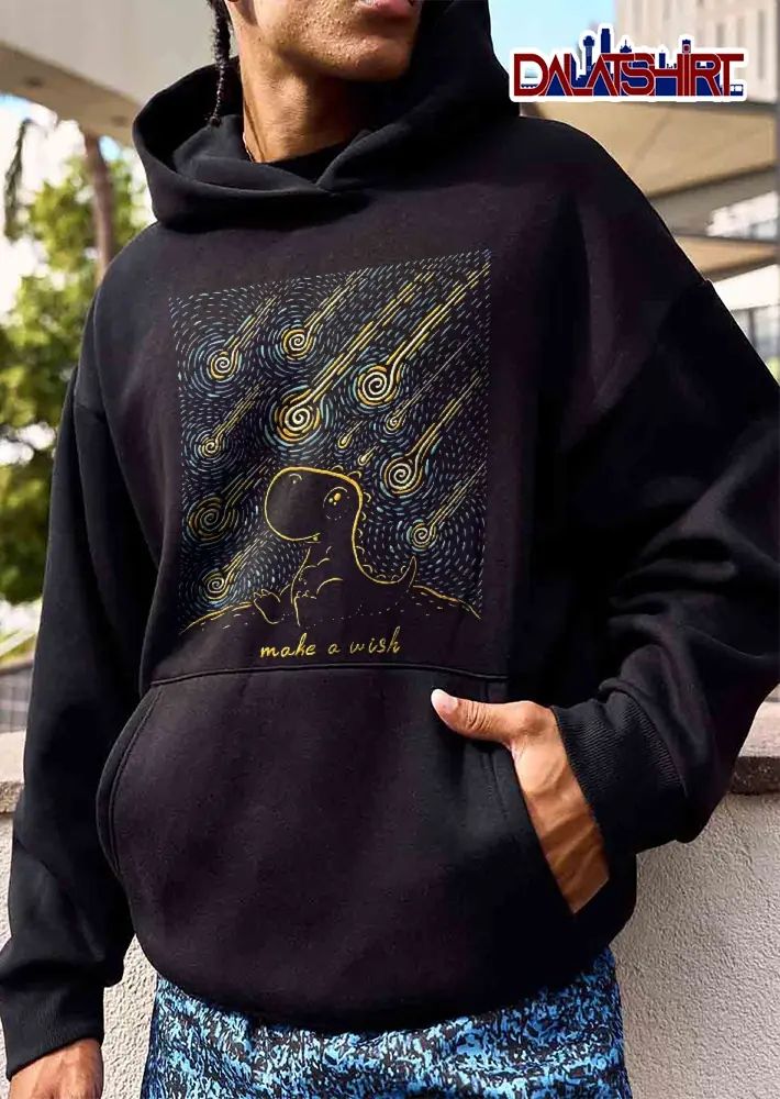 Make A Wish Cute Cartoon Dinosaur Meteor Shower Starry Night Line Art shirt
